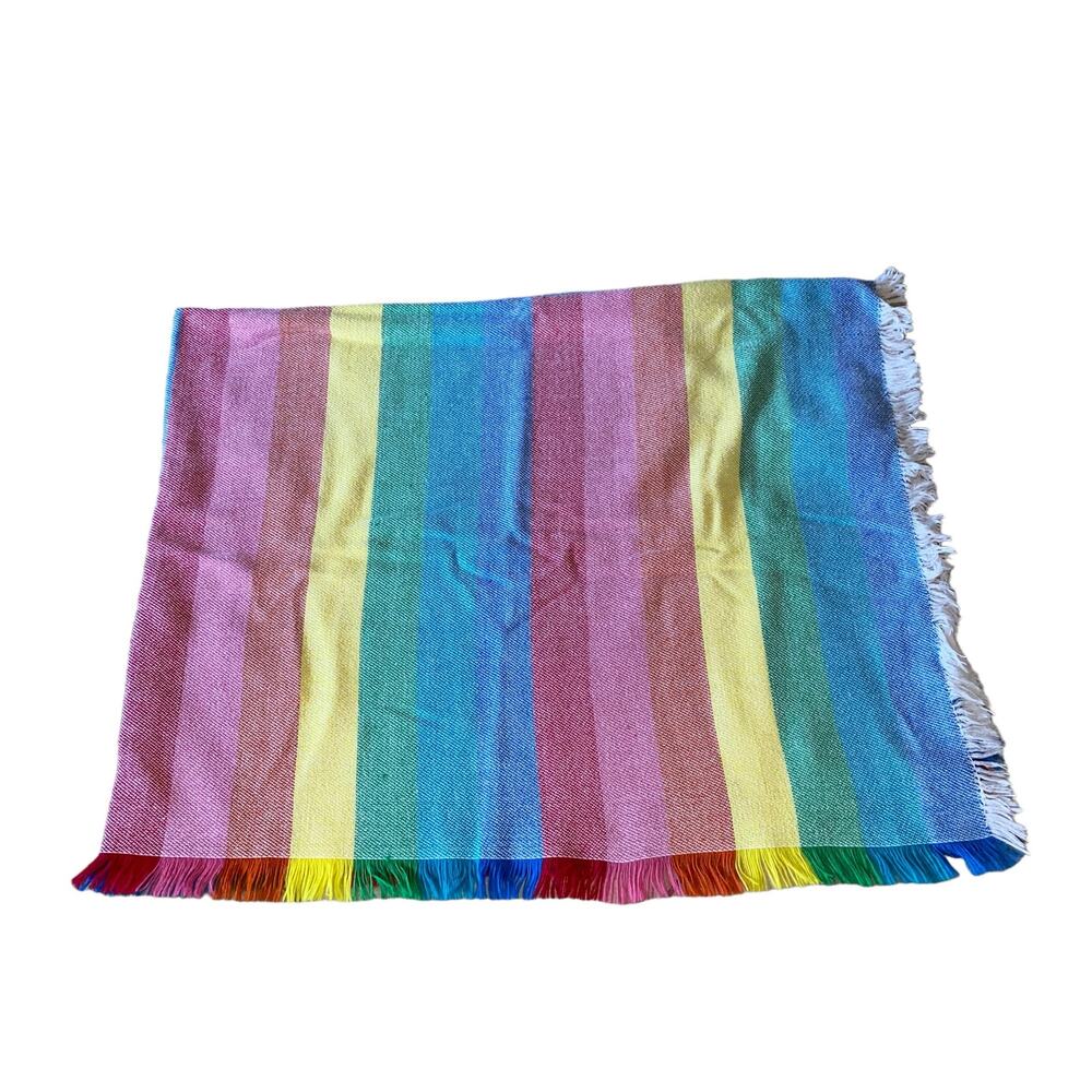 Vintage Mid-Century Modern Striped Rainbow Square Fringe Trim Tablecloth 50"x66"